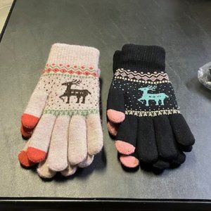 2 Pairs of YSense Women's Black/Gray Reindeer Warm Winter Gloves OS NIP